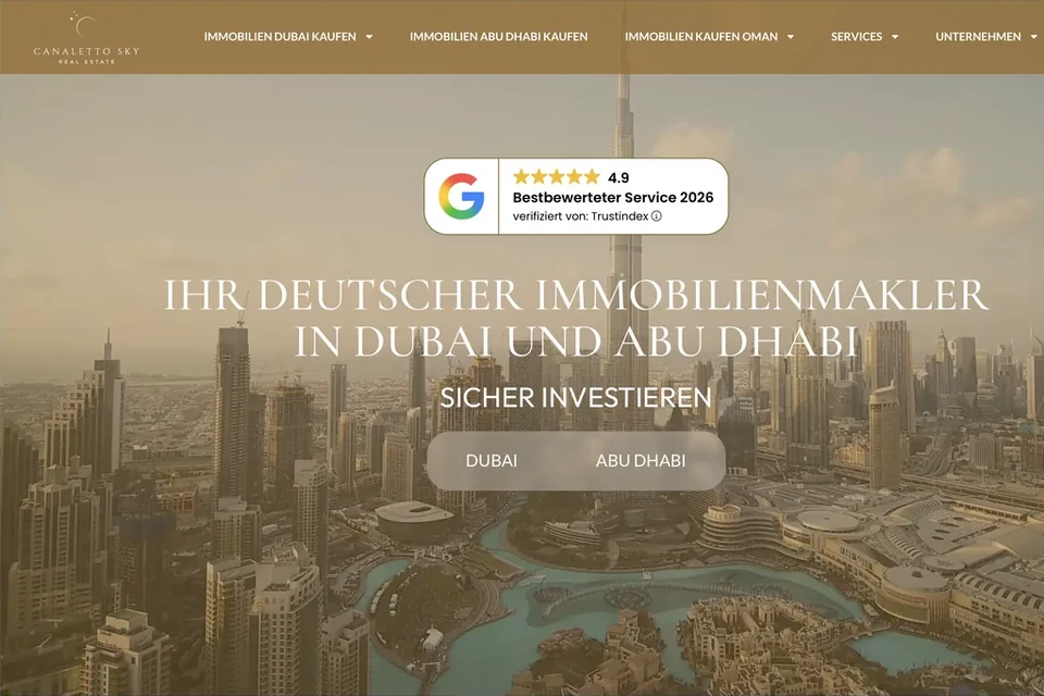 Startseite der Website eines deutschen Immobilienmaklers für Dubai und Abu Dhabi