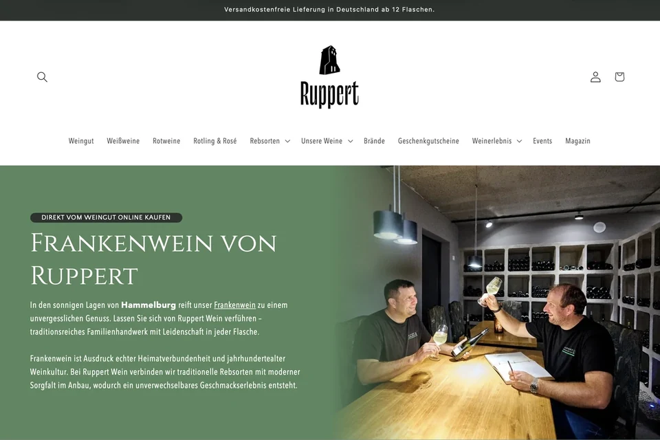 Startseite des Onlineshops von Weingut Ruppert mit Hero-Bild aus dem Weinkeller