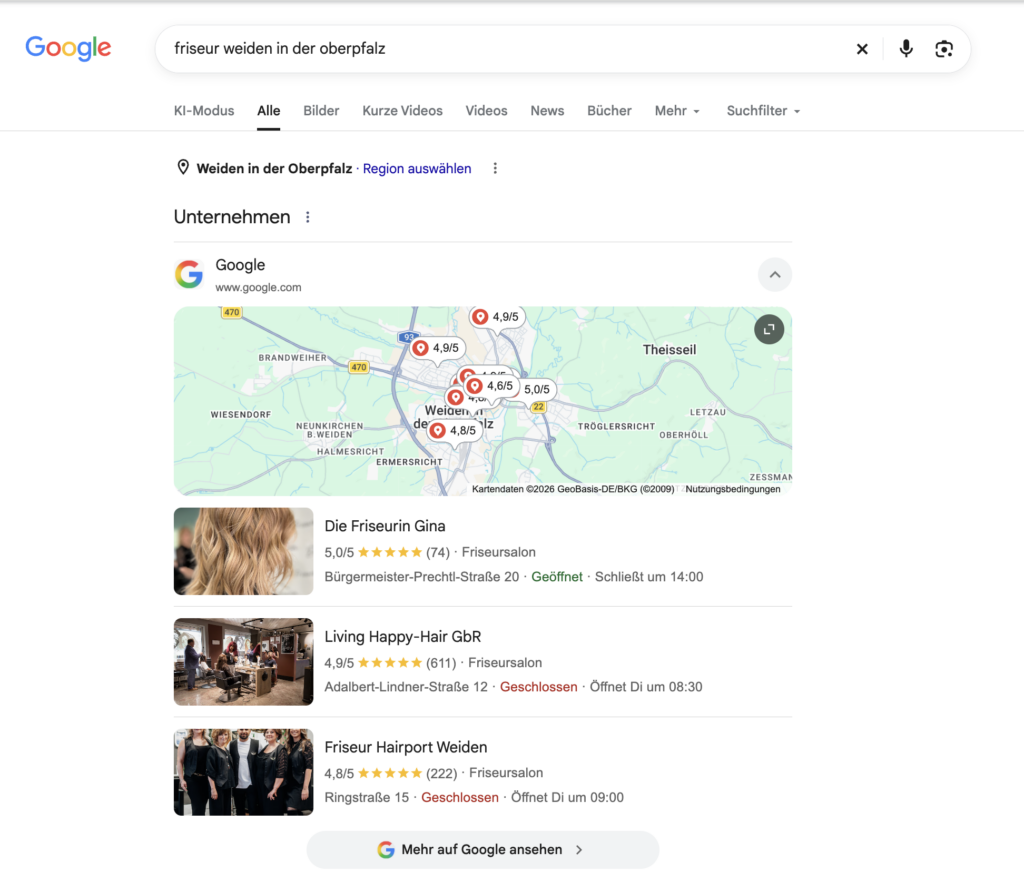 Google-Suche nach Friseur in Weiden in der Oberpfalz: oben der Block Unternehmen mit Karte und drei Friseursalons aus Google Maps