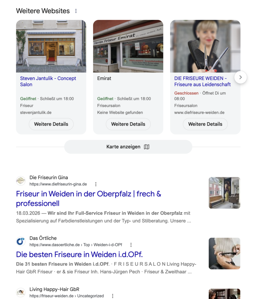 Darunter das Karussell Weitere Websites mit Friseursalons, Domain, Öffnungszeiten und Button Weitere Details, gefolgt von den klassischen Suchergebnissen